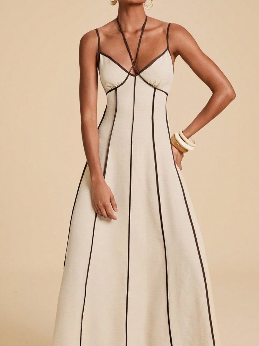 Apricot Elegant Women's Contrast Trim Backless Camisole Dress - Picture 7 of 8